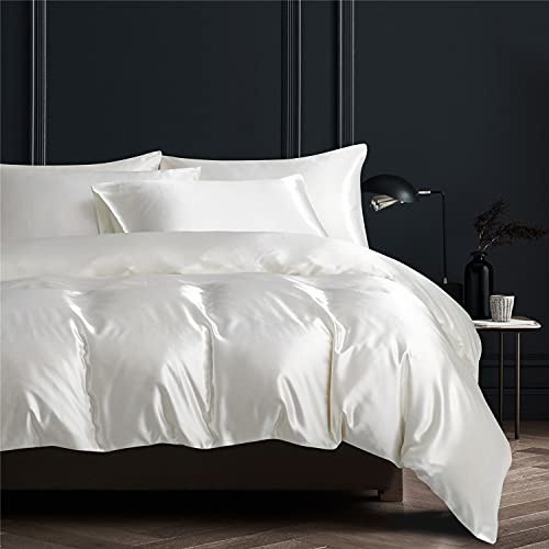 Gezu Juego de ropa de cama de 140 x 200 cm, satén, color blanco, liso, seda, brillante, suave, incluye funda de edredón individual con 1 funda de almohada de 65 x 65 cm, con cremallera