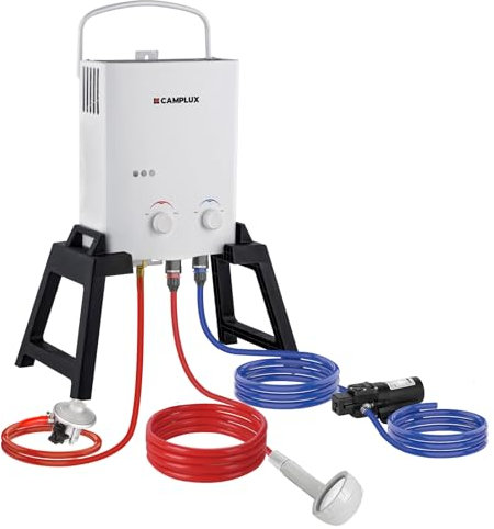 Camplux AY132Max Calentador de Agua de Gas con Bomba de Agua y Soporte, 5 Litros, GLP, 30/ 37mbar