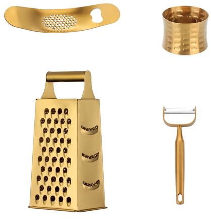 MINGYU Professional Kitchen Accessories 4pcs - Gold Box Grater 4 Sides, Garlic Press Stainless Steel, Potato & Apple Peeler, Stainless Steel Corn Peeler, Best For Vegetables & Fruits