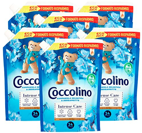6x Coccolino Intense Care Ammorbidente Concentrato Profumo di Campanula Selvatica e Bergamotto 144 Lavaggi Totali - 6 Flaconi da 600 ml Ognuno