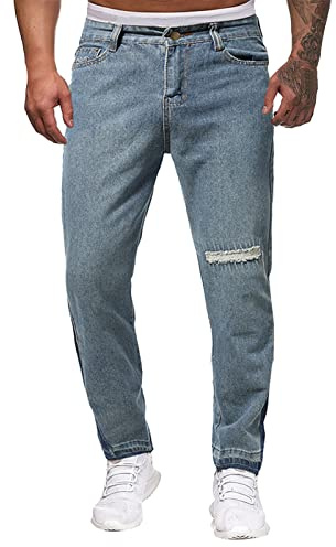 Jeans Hombre Patchwork Destroyed Stretch Jeans Skinny Ripped Slim Fit Straight Pantalones Casual Casual Con Cremallera Cool Negro Moda Jeans, 07 azul., L