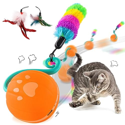 DYD Balle Roulante Intelligente pour toutes les Races de Chats, Jouet pour Chat Lumineux avec Plumes, Silicone, Roulement Silencieux, Recherche à Commande Vocale, Convient aux Sols Lisses ou aux Tapis