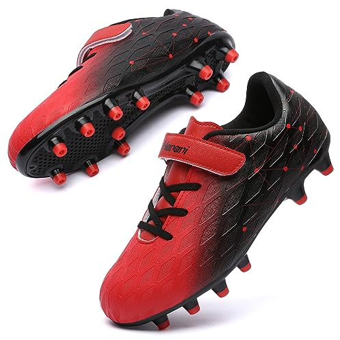 Boys Football Boots Shoes Kids Girls FG/AG Soccer Athletics Training Sport Running Shoes Profession Competition Teenager Indoor Outdoor Cleats Sneakers for Unisex Black Red EU33 Convert 1UK