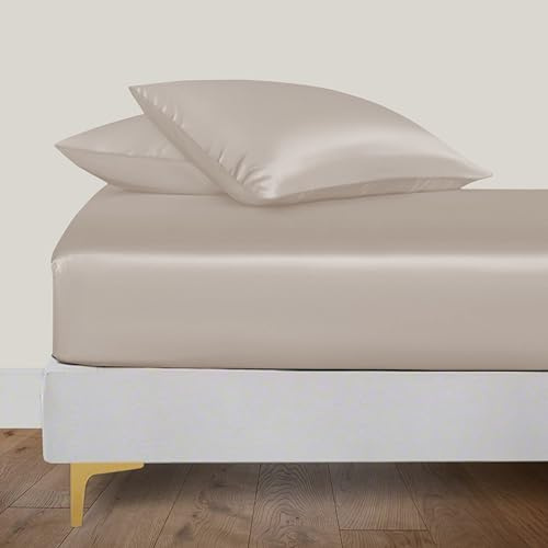 LINENWALAS Small Double Fitted Sheet with Pillowcase, 100% Organic Bamboo Bedding, Silk Sheet Soft, 40 CM Deep Pocket Fitted Bed Sheet (Taupe, Small Double - 122x190 CM)
