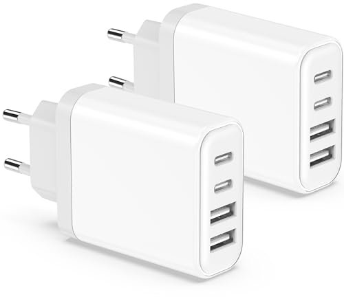 Cargador USB C, 2 Pack 40W Enchufe Tipo C Replacement for iPhone 15/14/13/12/11 Pro MAX Plus/XS/XR, Pad, Samsung, Wallgong 4 Port USBC Cargador Múltiple Movil Carga Rápida Cabezal Adaptador Corriente
