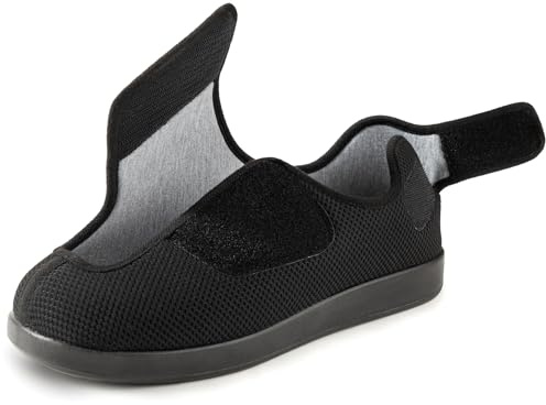 Ravelier Men's Diabetic Wide Width Breathable Waffle Knit Adjustable Slipper with Anti-Slip Indoor Outdoor Sole, Size 15W US Men, Black