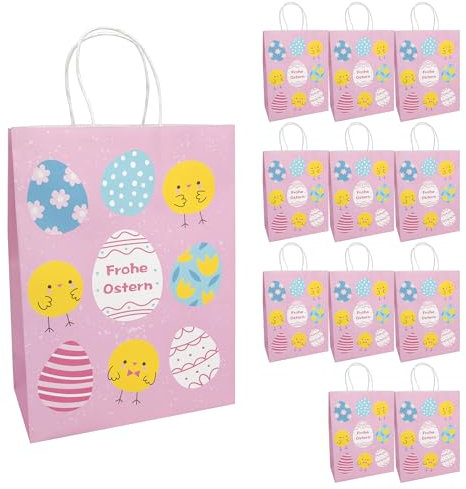 Idena 30394-12 - Geschenktüten, 12 Stück, Geschenktaschen in der Größe 25 x 8 x 34,5 cm, Papiertüten mit bunten Ostereiern und Küken