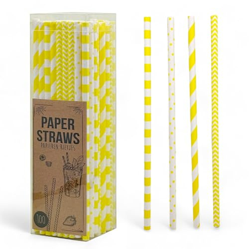 MIJOMA papperssugrör, miljövänliga papperssugrör för barns födelsedag, bröllop, babyshower, fest – biologiskt nedbrytbara (gula – prickar och ränder, 100 stycken)