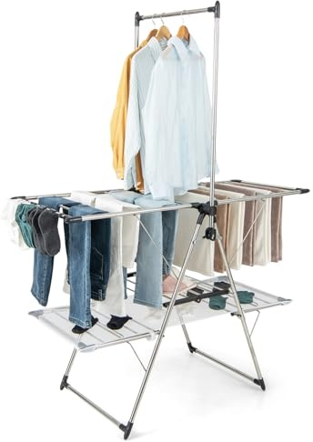 GIANTEX Étendoir à Linge Pliable à 2 Niveaux, Séchoir à Linge Pliable avec Barre de Suspension Haute, Clips Utiles, Cadre Stable en Acier, Ailes Réglables 70-140 CM, pour Intérieur et Extérieur