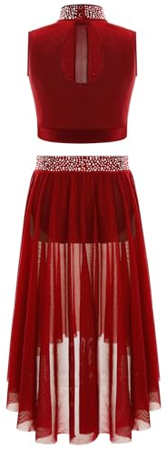 Freebily Klassisk Lyrisk Dans Klänning Flickor Ballettkläder Modern Modern Modern Crop Toppar Midi Kjol Skridskoklänning Latin Dansdräkt, Vinröd, 9-10 år