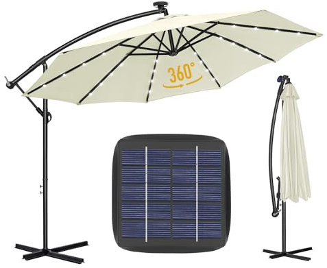 Parasol de Jardin 3M LED Solaire Déporté Hexagonale à Manivelle avec Base Croisée, Anti-UV, 8 Baleines à Double Couche, Inclinable pour Plage Balcon Patio, Blanc