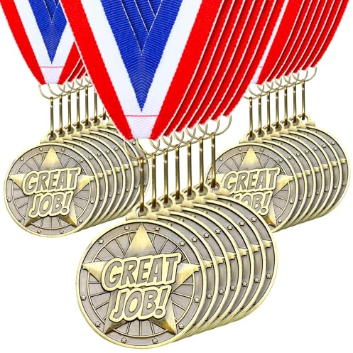 Quelay 100 Pcs Award Medals Bulk 2 Inch Gold Winner Medals with Neck Ribbons for Sports Tournaments Competitions Party Favors(Great Job)