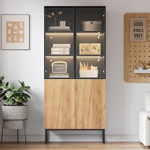 Vitrina de cristal con iluminación LED y USB, vitrina estante de pie con puerta de cristal y estantes, armario de colección moderno de vidrios, LED armario de almacenamiento para salón de oficina
