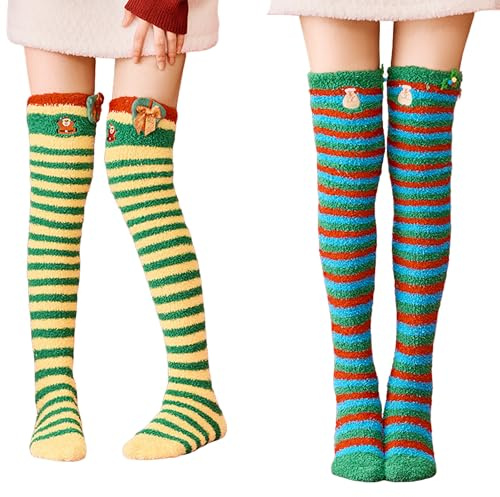 Tokaneit 2 Paires Chaussettes Hautes Peluche Rayures Noël, Chaussettes Hautes Peluche Kawaii Femmes, Chaussette Rayées Noël, Doux et Confortable, para Décoration de Costumes