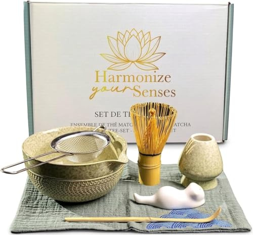HarmonizeYourSenses Kit Matcha Completo, Set Matcha Kit de Ceremonia de Te, Juego de Te de 7 piezas. Tazón de Cerámica y Batidor Premium de Bambu de Calidad, Ideal para Regalo. Bienestar y Harmonía.
