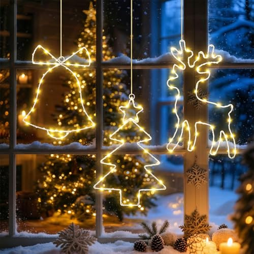 Glovios Lumières LED Noël 3 Pièces,Décoration de Noël,Etoiles Sapin de Noëls Rennes,135 LED Guirlande Lumineuse Exterieure Intérieur,8 Modes Guirlande à Pile(Non Inclure) avec Minuterie