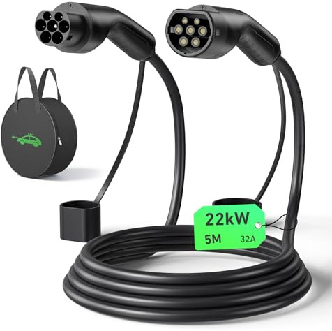 Zyncove Cavo di ricarica tipo 2 22 kw [5 m, 32 A, 3 fasi, IP67]: cavo di ricarica Mennekes E per auto elettrica tipo 2 a tipo 2 EV, cavo di ricarica con borsa per il modello S/3/X/Y ID.3, ID.4