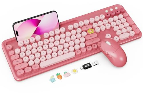 Wireless Keyboard and Mouse Combo, Cute Full-Size Typewriter-Style Keyboard, Retro Round Keycaps, Phone/Tablet Holder, 3-Level DPI Mouse, 2.4GHz Cordless for Mac Windows PC Laptop, Trueque CK13, Pink