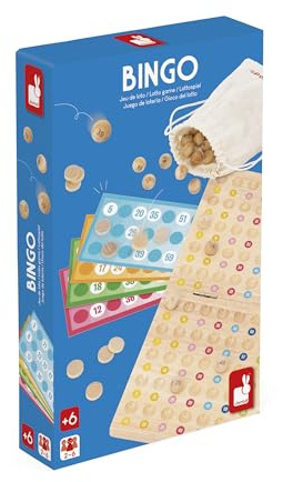 Janod - Mi Primer Bingo - Juego de lotería Tradicional - 90 Bolas + 90 fichas de Madera Maciza + 48 Cartas - Juego de Mesa clásico para niños a Partir de 6 años