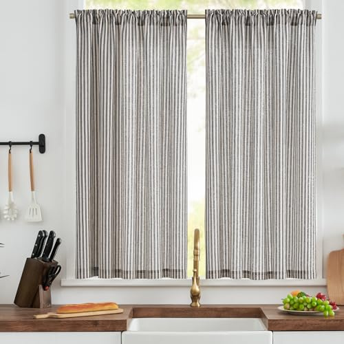 TOPICK Striped Kitchen Curtains, Linen Cafe Curtains, Black W50xL54, 2 PCS | Rod Pocket Curtains, Light Filtering Privacy Drapes for Bathroom, Bedroom, Sink, Basement, Caravan, Cupboard, Living Room