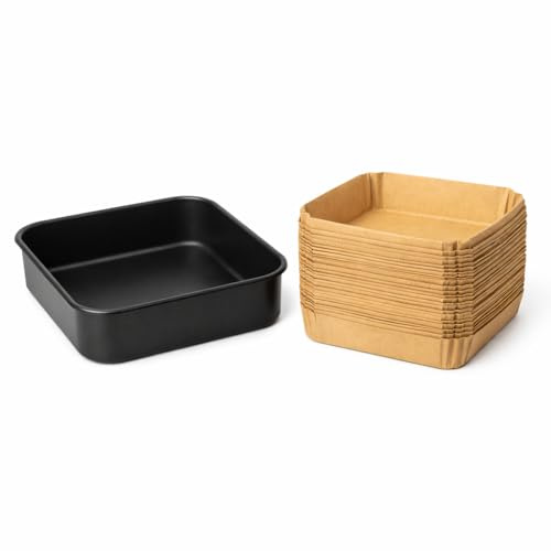 Terryshop74® Teglia per Friggitrice ad Aria 20,4x20,4x5 cm Nera + 200 Fogli Carta Forno 16x16x4,5 cm – Bundle Accessori Air Fryer – Teglia Riutilizzabile Antiadherente + Carta Monouso Antiaderente