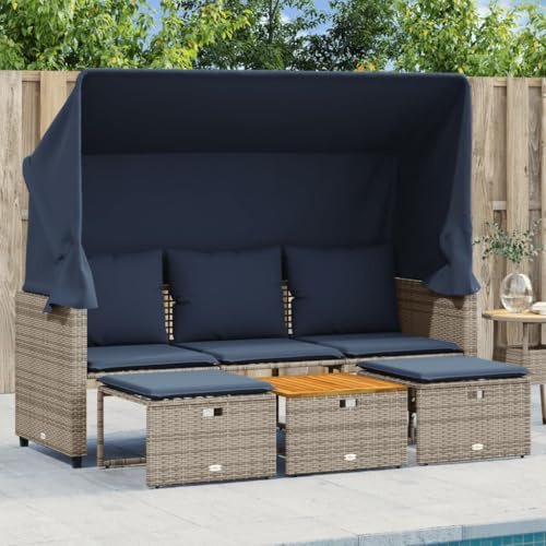 QUAHEAS Divano da giardino 3 posti con baldacchino, due sgabelli e tavolo, grigio polyrattan, resistente ai raggi UV, tetto estraibile per terrazza e balcone, cuscino incluso