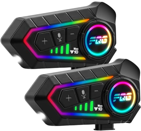 HISUEKIG 6.0 Motorcycle Helmet Speakers, Super Long Battery Life, Motorbike Helmet Bluetooth Headset with Soft/Hard Mic,IP56 Automatic Answer/Intelligent Noise/RGB LED Light (2 Set)