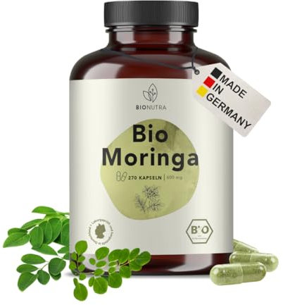 BIONUTRA® Bio Moringa Kapseln hochdosiert, 4800 mg Tagesdosis, rückstandskontrolliert, deutsche Herstellung, vegan, laktose- & glutenfrei, ohne Zusätze, Moringa Bio Kapseln, 270 Stück x 600 mg