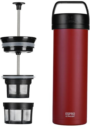 ESPRO – P0 Ultralight – Französische Kaffeepresse für Einzelportionen und leichte Trinkflasche für Reisen, Camping und den täglichen Gebrauch, Edelstahl, vakuumisoliert, 16 oz (Cranberry)