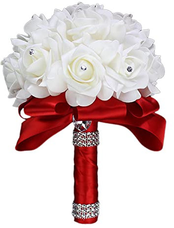 Wambere Bouquet de mariée avec fleurs en mousse de diamant en cristal - Bouquet de roses - Pour mariage - Avec un beau ruban - Pour demoiselle d'honneur - Rouge