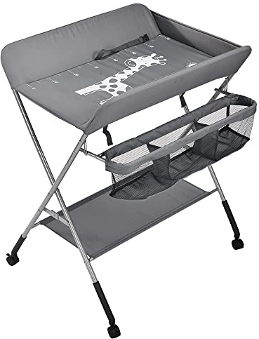 Mesa cambiador plegable, cambiador y portátil, mesa de cambio móvil con 4 ruedas y arneses, 80 x 65 x 99 cm, gris