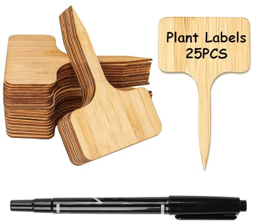 DOETYD Bamboo Plant Labels Plant Tags Plant Markers Potted Markers Marker Pen. Plant Tags are Used for Garden Potted Seed Vegetables Herb and Flower Outdoor (25PCS Labels 1PCS Marker Pen)
