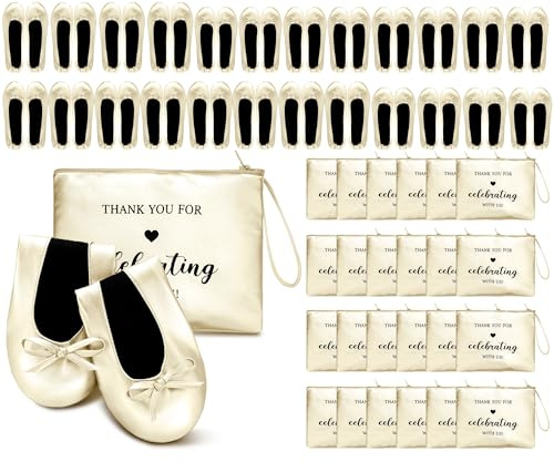 Cuffbow 24 Pairs Wedding Foldable Flats Dancing Shoes Bulk Women's Roll up Ballet Flats Wedding Party Slippers for Bridesmaids Guests (Champagne Gold)