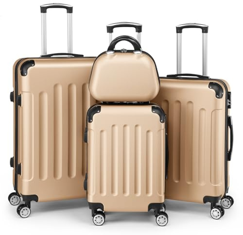 LEADZM Kofferset 4 teilig, Reisekoffer Set mit Kosmetikkoffer und Eckenschutz, Koffer Set Hartschalen-Trolley aus ABS mit Teleskopgriff, Handgepäck (Champagnergold)