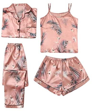 Satin pyjamas dam kort set 4 delar, sidenpyjamas-set för flickor, 4 st nattkläder, set, sommar, pyjamas-set, cami och shorts, set, långärmad pyjamas-set, stora storlekar, sovkläder, elegant