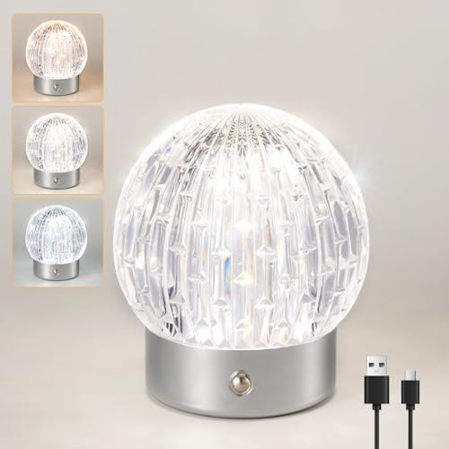 HARPER LIVING Rechargeable Table Lamp, Small Battery Operated Desk Lamp, 3 Colors & Dimmable LED Touch Lamps, Wireless Table Light for Bedside Living Room Kids Room, Globe Shade, Chrome Finish