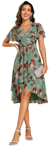 Ever-Pretty Vestidos de Boda Invitada Mujer Elegantes para Noche de Gasa Midi Verano Flores Verde 38