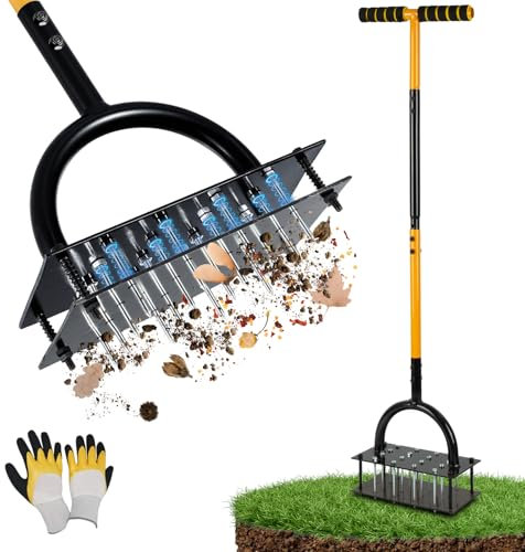 Lawn Aerator, Manual Garden Aerator for Lawn, Pre-Assembled 20 Iron Spikes, Adjustable T-Handle, Automatic Dirt and Leaf Clean Design, Garden & Grass aerator