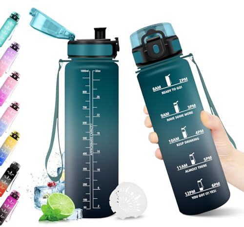 Trinkflasche 500ml, Wasserflasche mit Zeitmarkierung, Trinkflasche mit Filter, Auslaufsicher, BPA-frei, Sportflasche für Fitness, Fahrrad, Büro, Schule, Outdoor, Yoga, Erwachsene, Sprudel geeignet