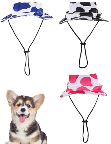 3 Pezzi Cappello da Sole Estivo per Cani, Cappello per Cani, Cappello Rotonda con Fori per Orecchie, Cappello da Pescatore per Animali Domestici Stampa di Mucca per Canis Piccola Taglia Gatt