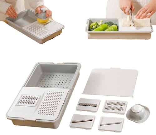 Multifunctional Grating And Draining Cutting Board, Six-in-one Cutting Board, Detachable Cutting Board With Container Cover, Non-slip Silicone Hand Guard Design (White)