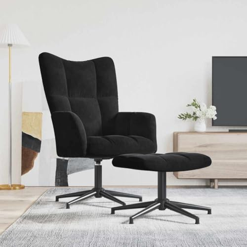 RMIHSJG Sillón de Relax con Taburete Terciopelo Negro Sillón Relax Giratorio 360° con Estructura Acero y Base Cruz Estable