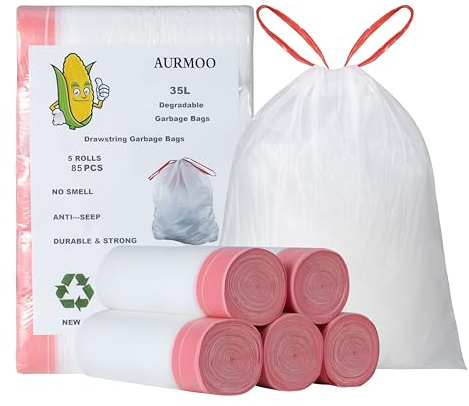 AURMOO Soppåse 35L med Dragband, Müllbeutel, Biologiskt Nedbrytbara Soppåsar med Dragsnöre, Droppsäker Sopsäckar, Bioavfallspåsar, 85 Stycken(B55XH65cm, Vit)
