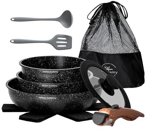 DishDelight Induction Hob Pan Set with Detachable Handles Pots and Pans Sets Non Stick 10pcs Saucepan Set with Lids Granite Cookware Nonstick Cooking Pot Frying Pan