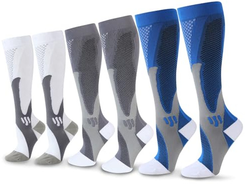 SRunDe 3 Pares Medias Compresion Running 40-50 15-25mmHg Mujer Hombre Calcetines Compresión Hasta Rodilla para Recuperación de Soporte Diario Deporte Running Avion Viaje Ciclismo Senderismo