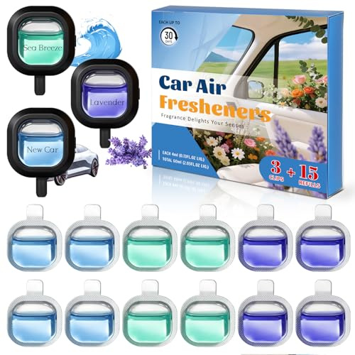 DERDUFT Car Air Freshener Vent Clip, Car Perfume, 3 Diffusers & 12 Refills | 3 Car Scent Car New Car, Lavender, Sea Breeze, Car Smellies Car Fragrance for Men&Women Daily Commute Long Lasting Fragrance