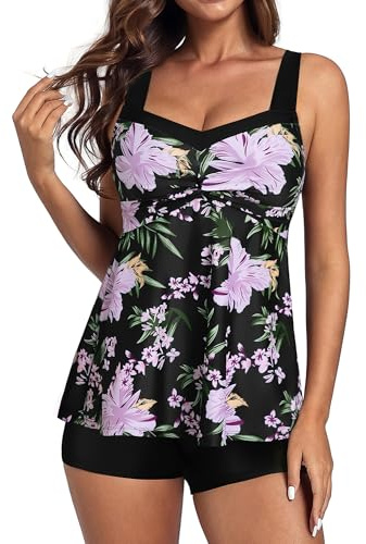 Hanna Nikole Tankini - Costume da bagno da donna, 2 pezzi, con top imbottito e slip da bagno altamente elasticizzato, spalline regolabili, corpetto a trapezio, Fiori viola., XXL