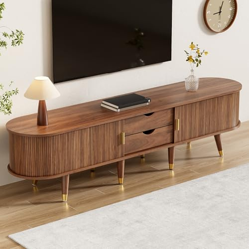 kozamas Meuble TV bas de 175 cm avec porte coulissante en rotin, aspect noyer, avec compartiments ouverts et tiroirs, style maison de campagne avec espace de rangement pour salon