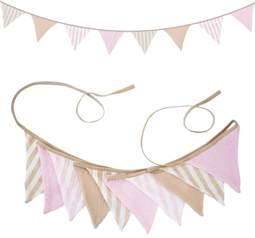 G2PLUS 2.6m Guirnalda Banderines Infantiles,Guirnaldas Tela Rosa y Beige