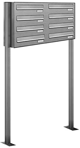 AL Briefkastensysteme 8er Edelstahl Durchwurfbriefkasten, 8 Fach Briefkasten DIN A4, wetterfeste Standbriefkastenanlage in V2A Edelstahl mit acht Fächern